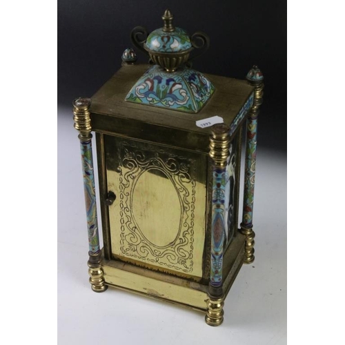 126 - Gilt and cloisonne mantle clock, the circular enamel dial with Roman numerals, the case with bevelle... 