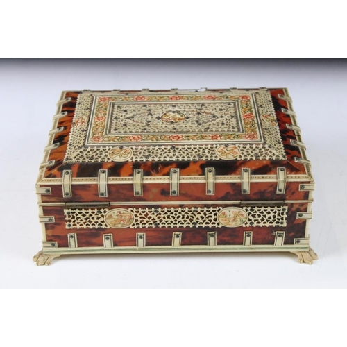 127 - Late 19th century Indian bone and tortoiseshell box, of rectangular form, with applied pierced bone ... 