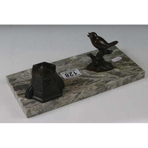 128 - Art Deco French Desk Stand, the marble base with pen well and surmounted by a bronzed inkwell and bi... 