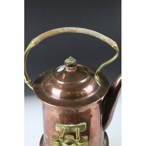 131 - Art Noveau copper spirit kettle, raised on a brass stand, with burner, approx 36cm high