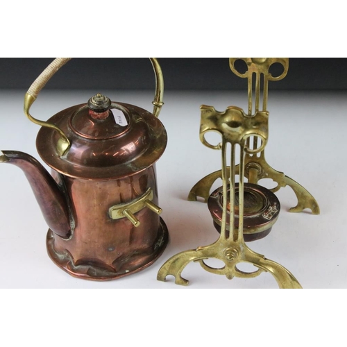 131 - Art Noveau copper spirit kettle, raised on a brass stand, with burner, approx 36cm high