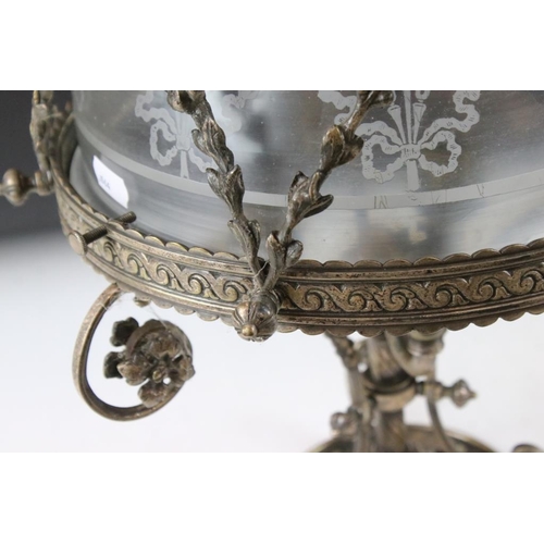 134 - Early 20th century silver plated three-branch ceiling light fixture, the etched glass shade with flo... 