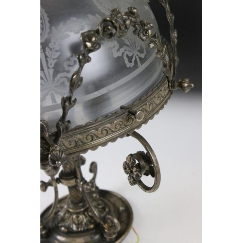 134 - Early 20th century silver plated three-branch ceiling light fixture, the etched glass shade with flo... 