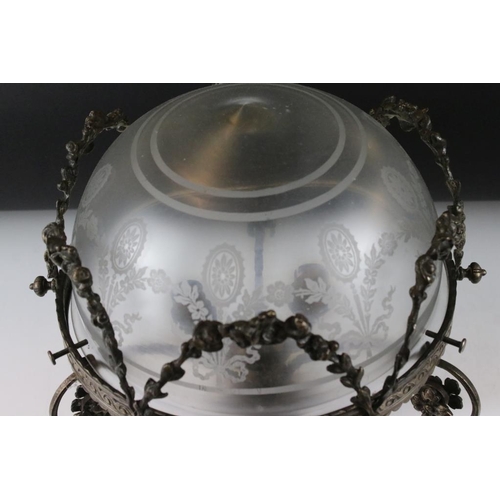 134 - Early 20th century silver plated three-branch ceiling light fixture, the etched glass shade with flo... 