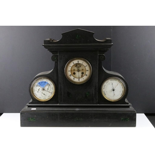 136 - Large Victorian slate mantle clock with inlaid malachite panels and engraved scrolls, the central di... 