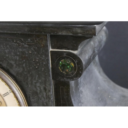 136 - Large Victorian slate mantle clock with inlaid malachite panels and engraved scrolls, the central di... 