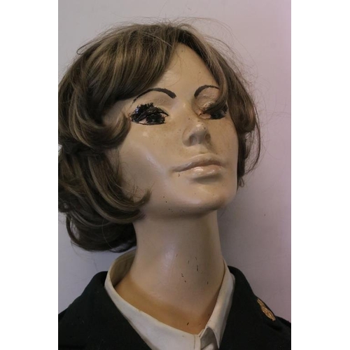 140 - Full size female mannequin, painted and clothed in WW2 military dress, with RWCA collar badge, epaul... 