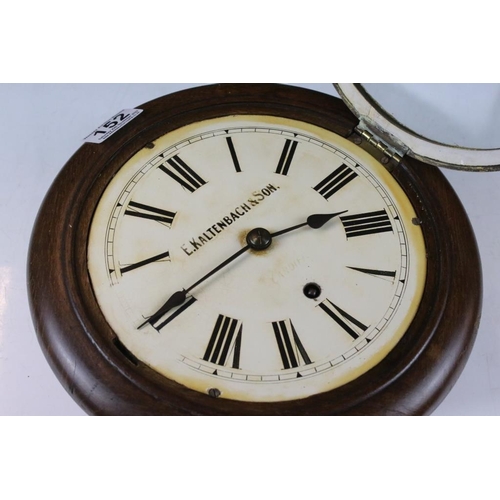 152 - Late 19th / early 20th century E. Kaltenbach & Son oak cased wall clock, the circular cream dial wit... 