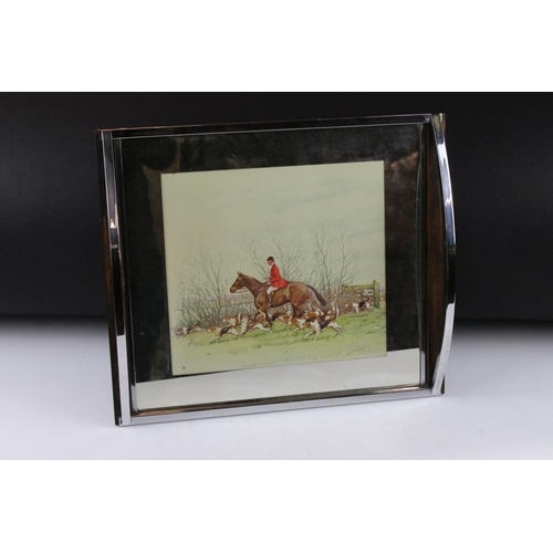 161 - Art Deco Chrome Twin Handled Serving Tray, the mirrored surface inset with a hunting scene picture, ... 