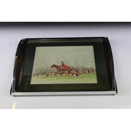 161 - Art Deco Chrome Twin Handled Serving Tray, the mirrored surface inset with a hunting scene picture, ... 