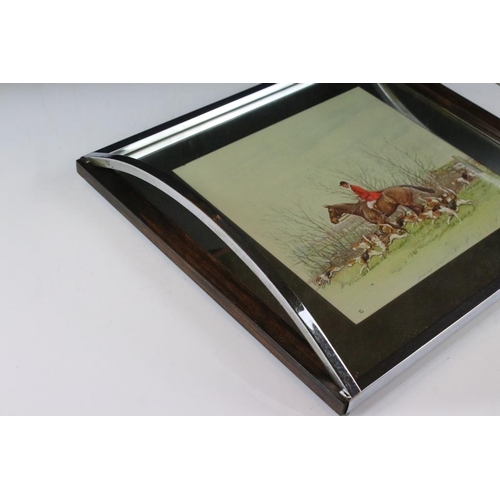 161 - Art Deco Chrome Twin Handled Serving Tray, the mirrored surface inset with a hunting scene picture, ... 