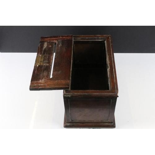 166 - Early 20th century church conscience / honesty box, of rectangular form, with key. Approx 33cm wide