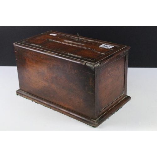 166 - Early 20th century church conscience / honesty box, of rectangular form, with key. Approx 33cm wide