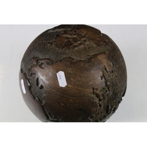 168 - Carved wooden container in the form of a globe, approx 21cm high