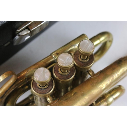 169 - Brass piccolo / pocket cornet with mother of pearl keys, cased