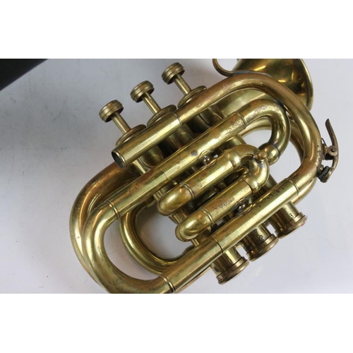 169 - Brass piccolo / pocket cornet with mother of pearl keys, cased