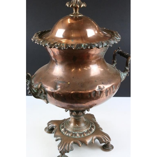 170 - Victorian copper samovar / tea urn, with cover, twin scroll handles, brass tap, raised on four feet.... 