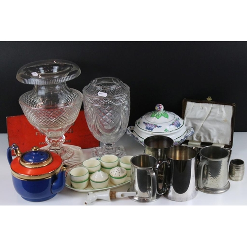 28 - Assorted items to include two cut crystal vases (unsigned), Bristol pottery lidded tureen, Crown duc... 