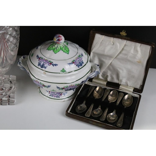 28 - Assorted items to include two cut crystal vases (unsigned), Bristol pottery lidded tureen, Crown duc... 