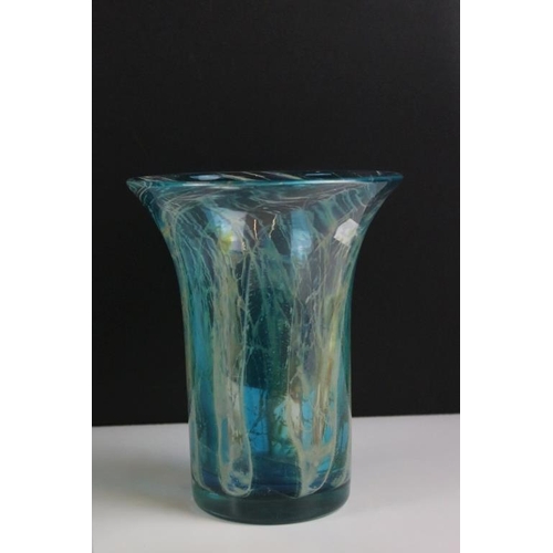 30 - Four Mdina glass vases to include crystal blue stripe pattern vases, and two in the blue summer patt... 