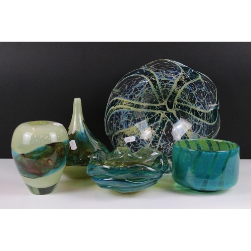 32 - Five Mdina glass ornaments to include Crystal Blue Stripe bowl, two strata pattern vases, Ming patte... 