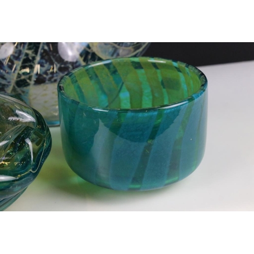 32 - Five Mdina glass ornaments to include Crystal Blue Stripe bowl, two strata pattern vases, Ming patte... 