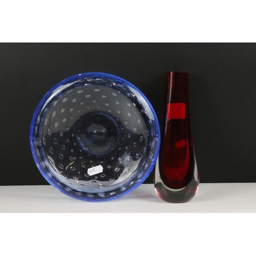 33 - Whitefriars blue glass control bubble bowl together with a cased red glass Whitefriars vase. Bowl me... 