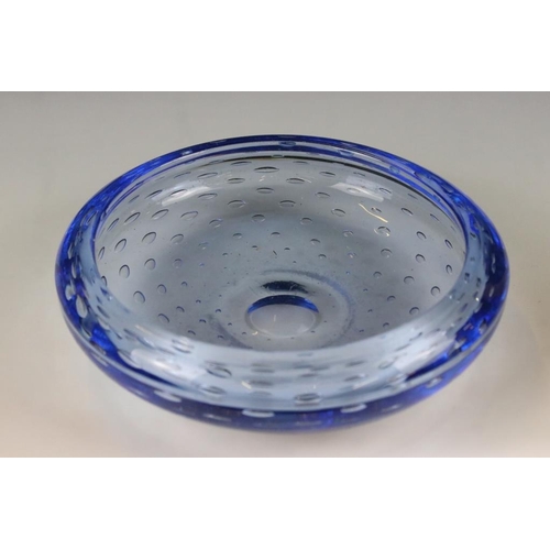 33 - Whitefriars blue glass control bubble bowl together with a cased red glass Whitefriars vase. Bowl me... 