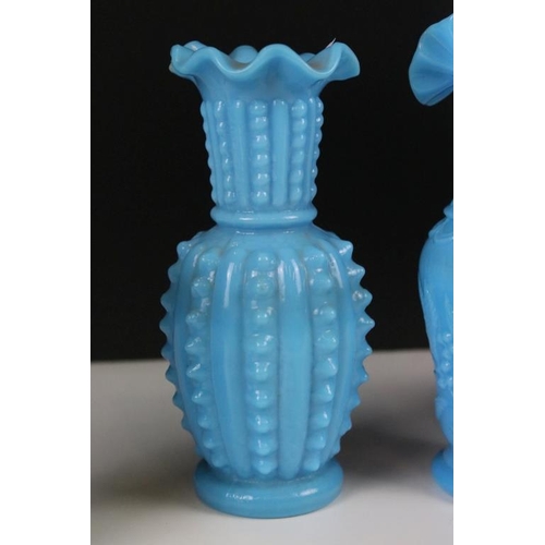 34 - Four 19th Century Victorian Sowerby turquoise glass vases having fanned rims and moulded details to ... 