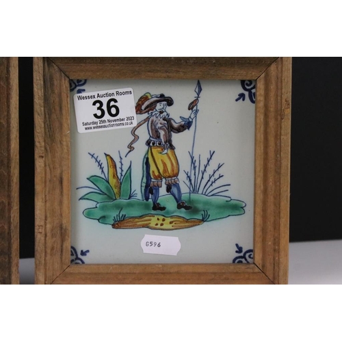 36 - Pair of Delft tiles to include one featuring a soldier and another featuring a bird. Both framed. Fr... 