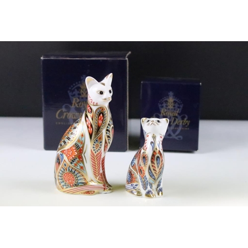 4 - Two Royal Crown Derby porcelain cat paperweights having gold stoppers decorated with Imari type deco... 