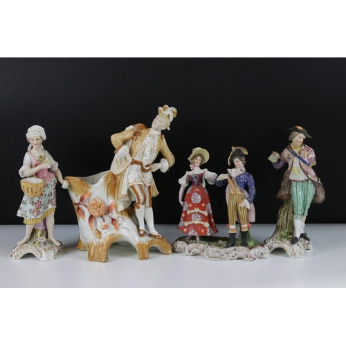 42 - Four 19th Century German porcelain figurines to include Sitzendorf promenading couple, Sitzendorf hu... 