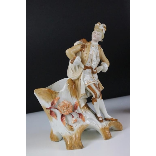 42 - Four 19th Century German porcelain figurines to include Sitzendorf promenading couple, Sitzendorf hu... 