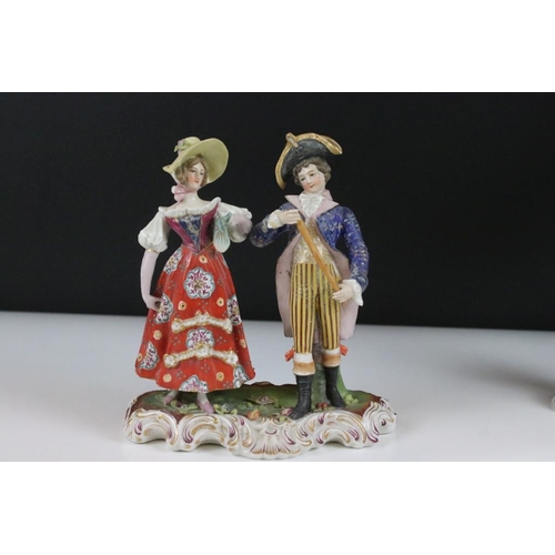 42 - Four 19th Century German porcelain figurines to include Sitzendorf promenading couple, Sitzendorf hu... 