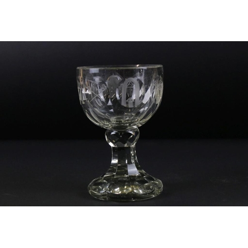 46 - 19th Century Masonic cut glass goblet having a faceted bowl with each facet etched with a masonic sy... 