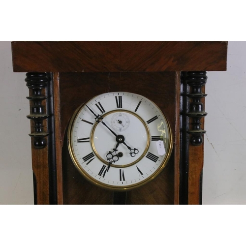 476 - 19th century Walnut and Ebonised Cased Hanging Wall Clock, the white enamel face with Roman numerals... 