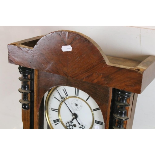 476 - 19th century Walnut and Ebonised Cased Hanging Wall Clock, the white enamel face with Roman numerals... 