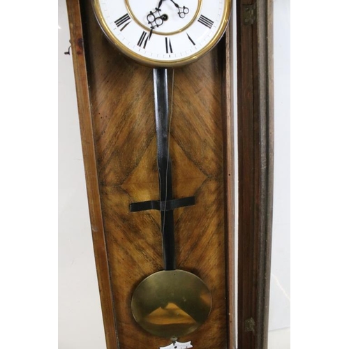 476 - 19th century Walnut and Ebonised Cased Hanging Wall Clock, the white enamel face with Roman numerals... 