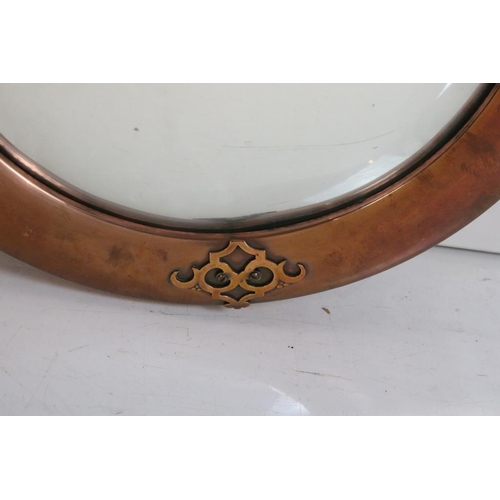 478 - Arts and Crafts Copper Round Framed Convex Mirror with strapwork decoration, 46cm diameter