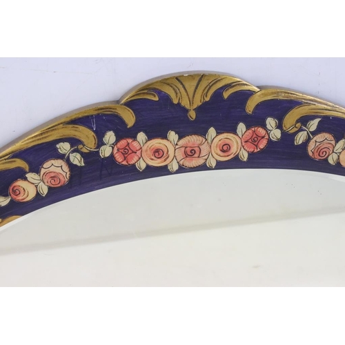 483 - Oval Bevelled edge Wall Mirror, the wooden framed partially painted with a swag of flowers on a blue... 