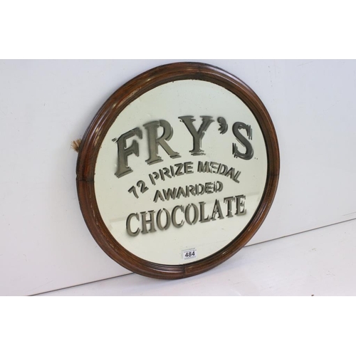 484 - Oak Framed Bevelled Edge Circular Advertising style Wall Mirror marked ' Fry's, 72 Prize Medal award... 