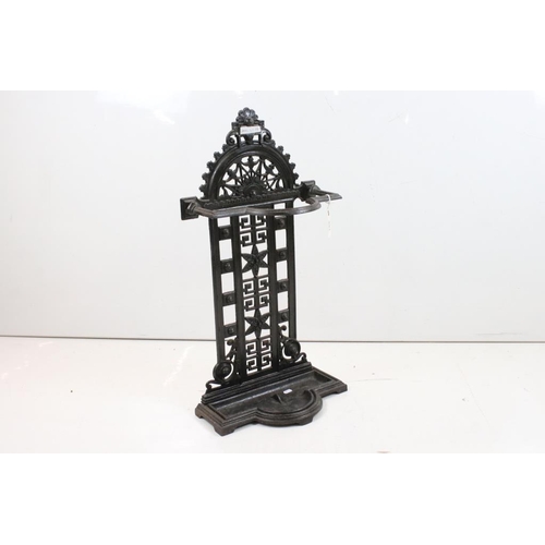 491 - Victorian Scottish Pierced Cast Iron Stickstand with drip tray, marked to back No.39 Falkirk, 38cm w... 