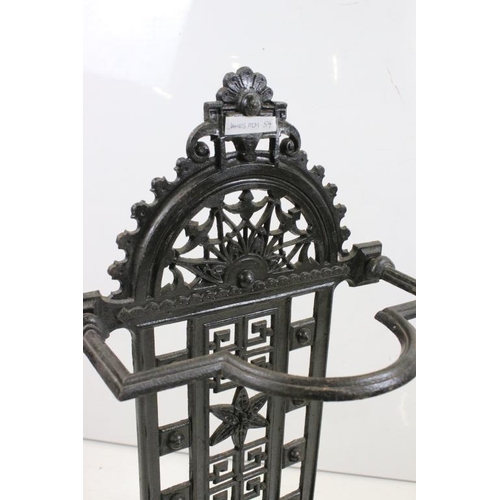 491 - Victorian Scottish Pierced Cast Iron Stickstand with drip tray, marked to back No.39 Falkirk, 38cm w... 