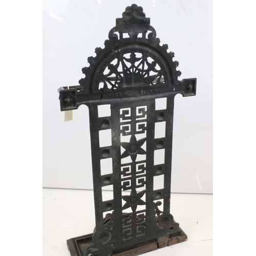 491 - Victorian Scottish Pierced Cast Iron Stickstand with drip tray, marked to back No.39 Falkirk, 38cm w... 