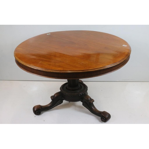 498 - Mid Victorian Mahogany Circular Tilt Top Loo Table, raised on carved centre column with three scroll... 