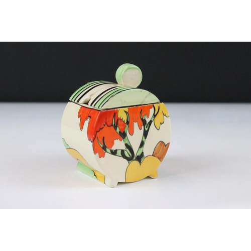 5 - Clarice Cliff Fantasque Newport Pottery sugar dish of round form being hand painted with orange and ... 