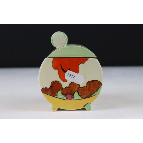 5 - Clarice Cliff Fantasque Newport Pottery sugar dish of round form being hand painted with orange and ... 