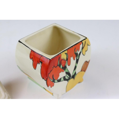 5 - Clarice Cliff Fantasque Newport Pottery sugar dish of round form being hand painted with orange and ... 