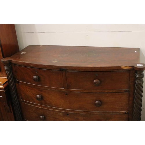 503 - Victorian Mahogany Bow Front Chest of Two Short over Three Long Drawers with carved twist columns, 1... 