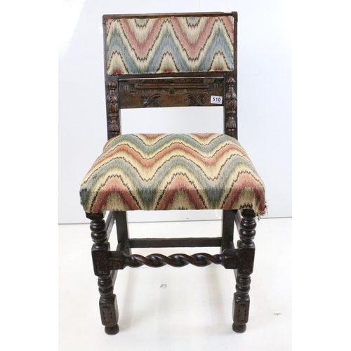 510 - 17th century style Carved Oak Chair raised on turned and block legs with barley-twist front stretche... 